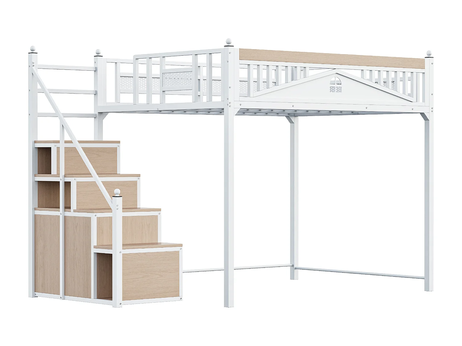 Łóżko antresolowe metalowe 140x200 cm - z drabinką ze schowkiem - Białe (materac nie jest dołączony) 4141829 - obrazek 1