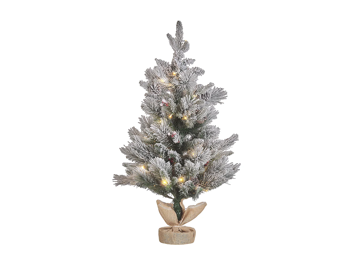 Ośnieżona sztuczna choinka ze światełkami w jutowym worku 90 cm zielona MALIGNE 437951