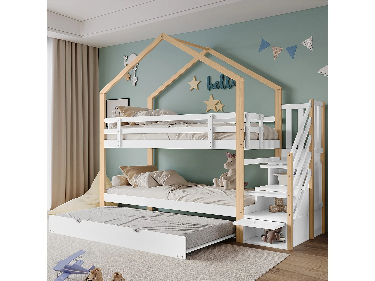 Łóżka piętrowe 2 x 90 x 200 cm z łóżkiem wysuwanym 90 x 190 cm, z 4 szufladami i schodkami, lite drewno + MDF, białe 3351714