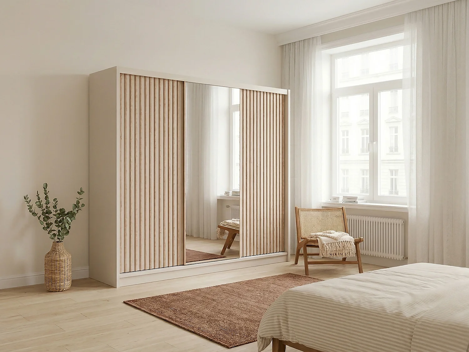 Szafa 3 drzwi przesuwne – Z lustrem – S250 cm – Kolor: Beżowy i naturalny – CALOWI 4909165