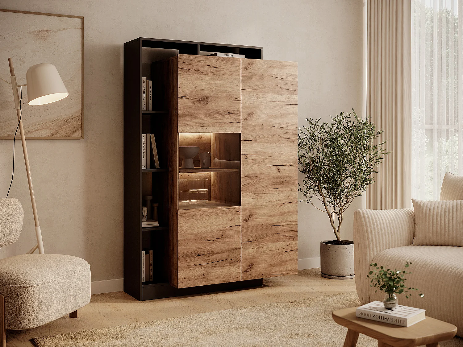 Witryna 2-drzwiowa z 5 wnękami i oświetleniem LED – Jasny naturalny i antracyt – IDESIA 4823936