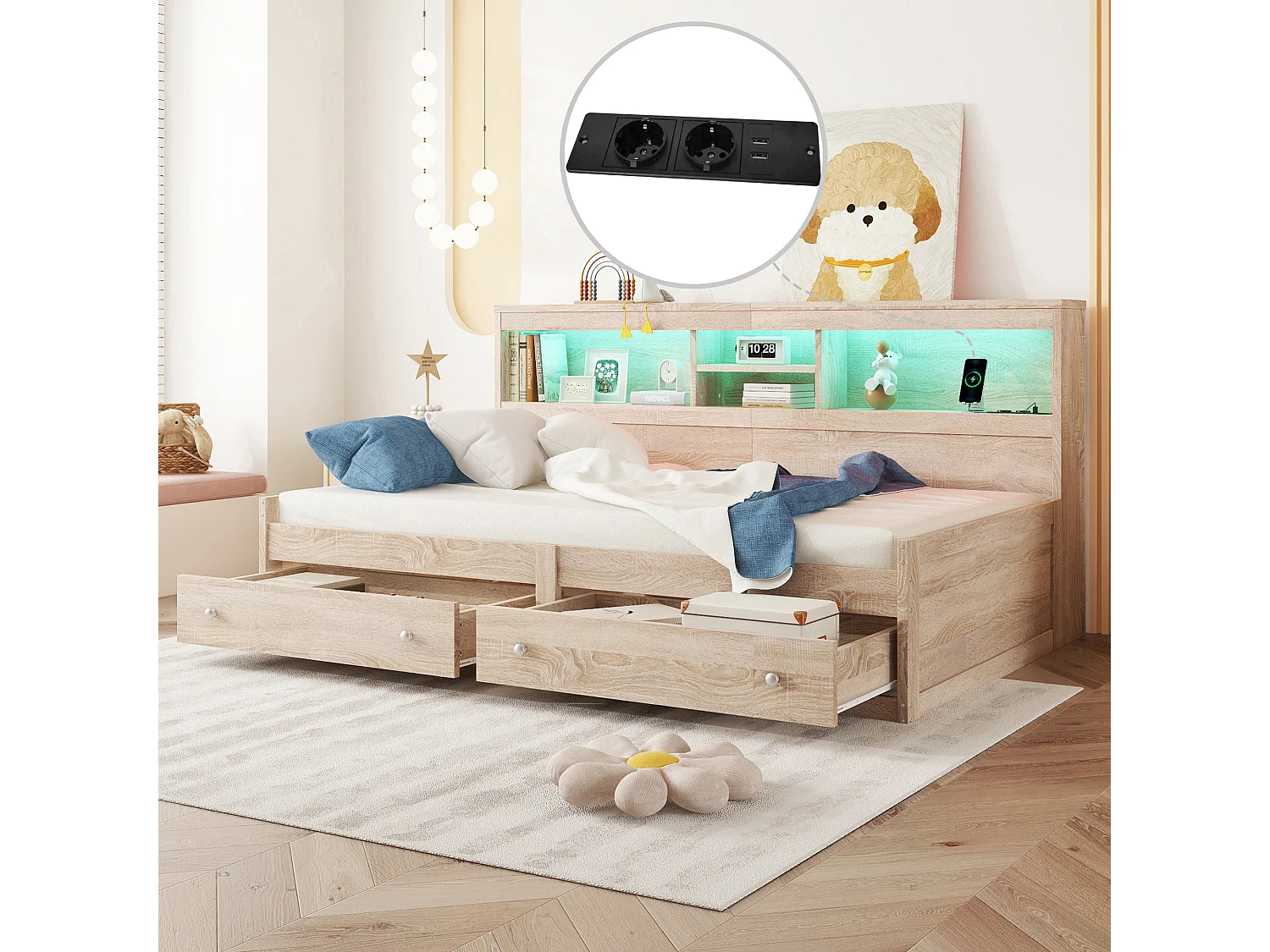 Łóżko 90 x 200 cm z 2 szufladami, półkami i 2 gniazdami USB - Płyta wiórowa - Diody LED - Naturalne (bez materaca) 3453552 - obrazek 1