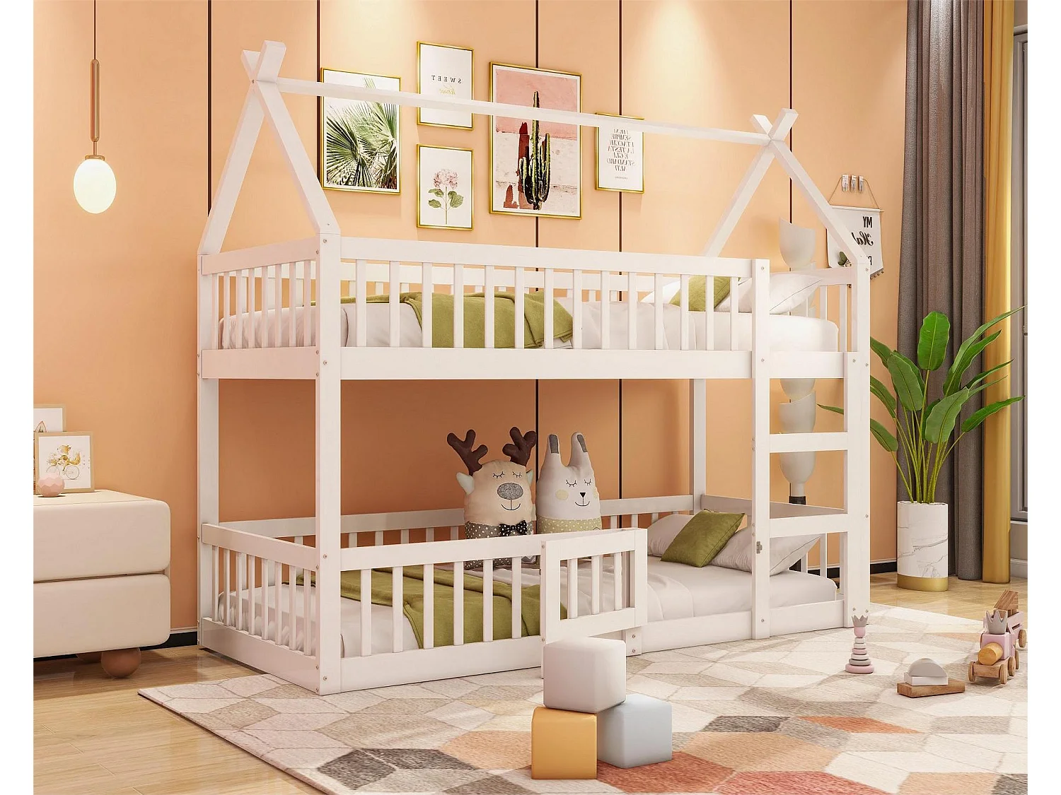 Łóżka piętrowe 2 x 90 x 200 cm z drzwiami i barierkami – drewno MDF – stelaż listwowy – biały 3275955