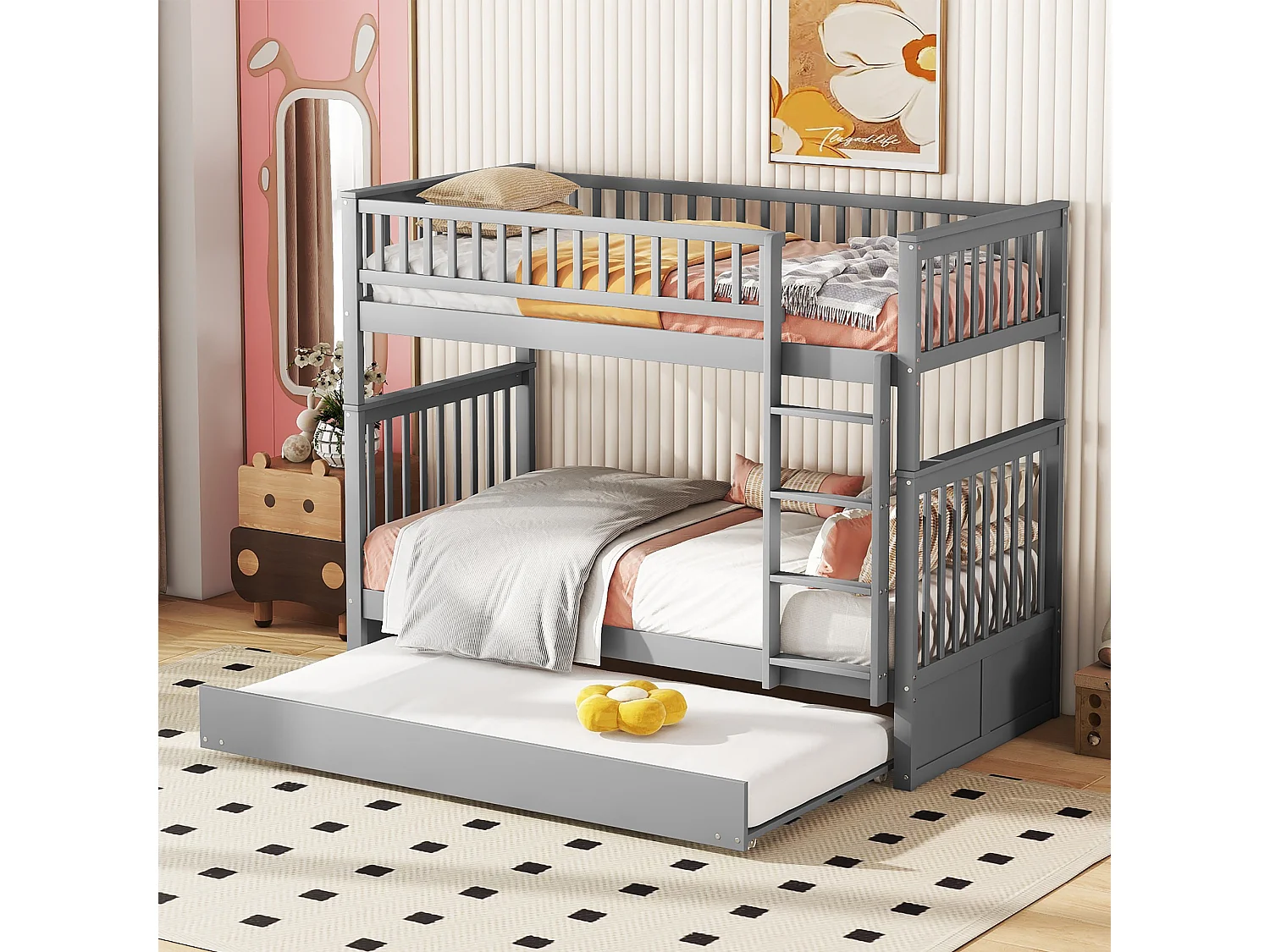 Łóżka piętrowe 2 x 90 x 200 cm + łóżko wysuwane 90 x 190 cm – Drewno MDF – Szare – ANTHONY 2865601
