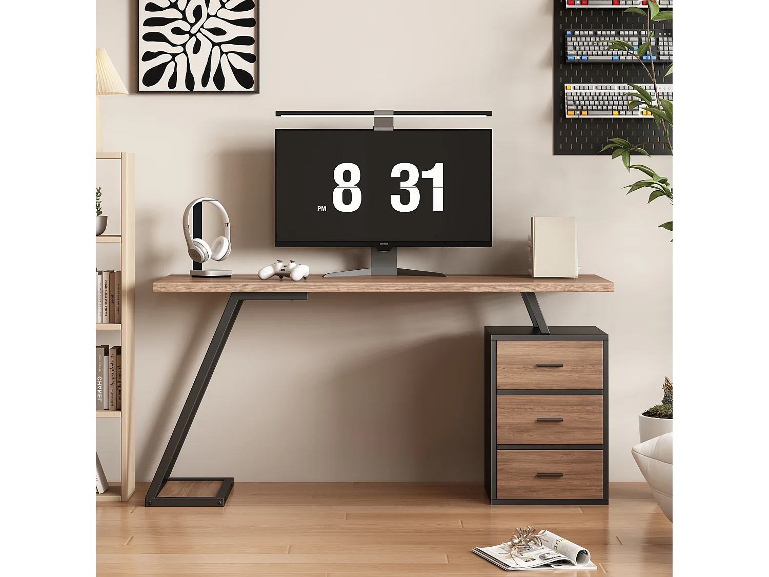 Biurko z 3 szufladami - 140 x 59,5 x 75 cm - styl industrialny - drewno MDF - brąz + czerń 3454787 - obrazek 1