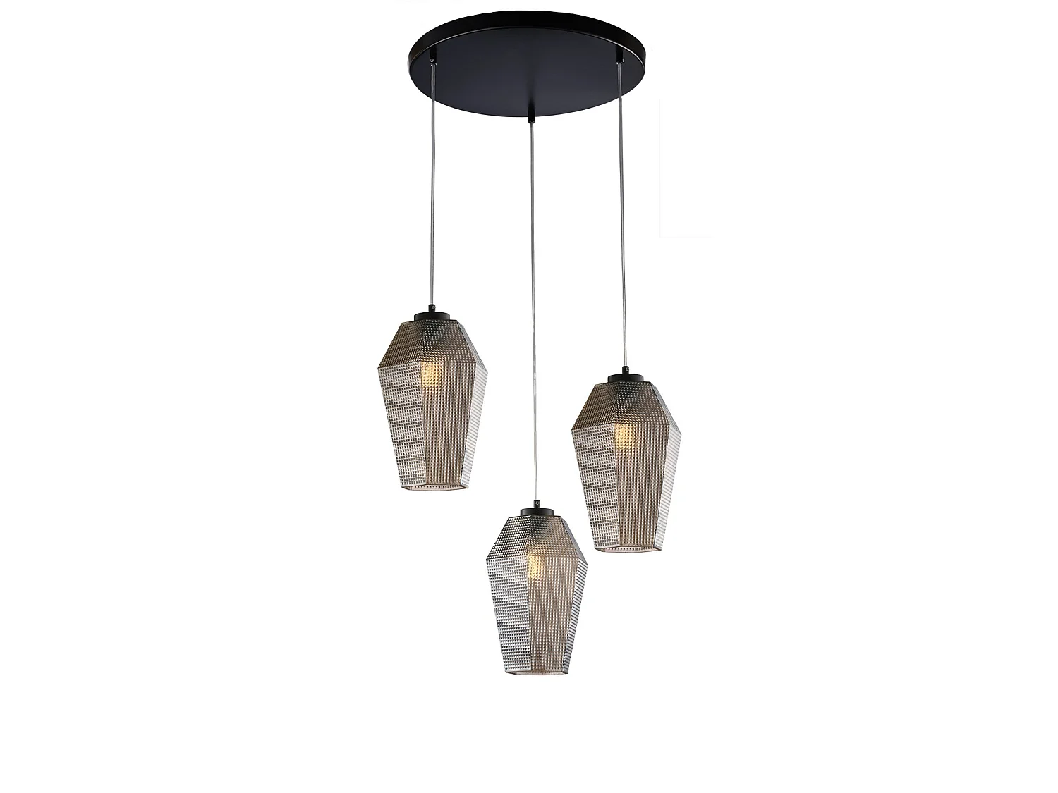 Lampa wisząca Prisma żelazo czarne regulowane kable klosze szkło lustrzane szare dmuchane wzór tłoczony 3 światła 3790390