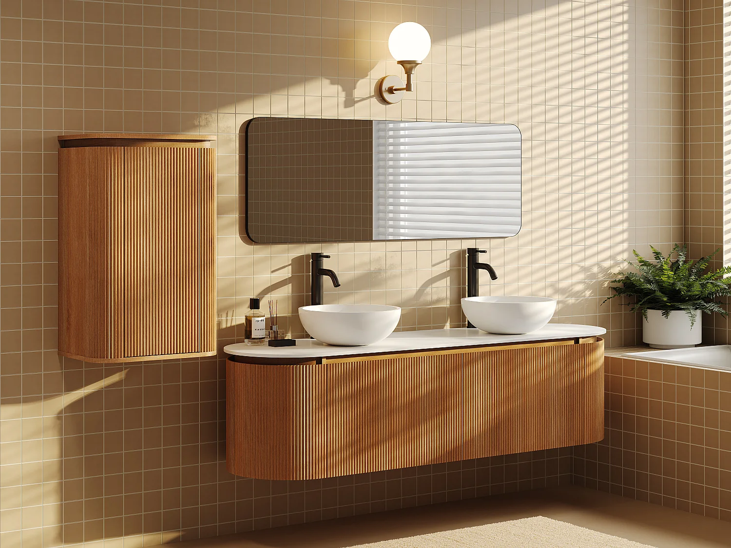 Wisząca ryflowana szafka łazienkowa z drewna jesionowego z dwiema nablatowymi umywalkami z solid surface i słupkiem – jasny naturalny – szer. 180 cm – LILIKO 4956278