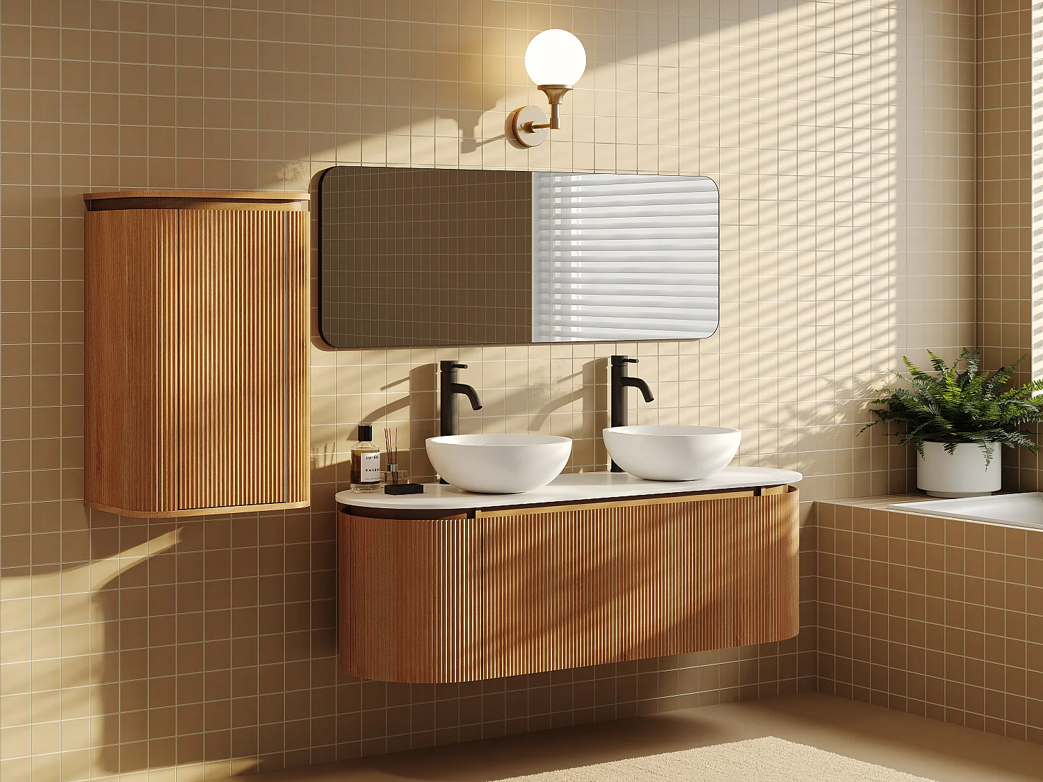 Wisząca ryflowana szafka łazienkowa z drewna jesionowego z dwiema nablatowymi umywalkami z solid surface i słupkiem – jasny naturalny – szer. 150 cm – LILIKO 4956279