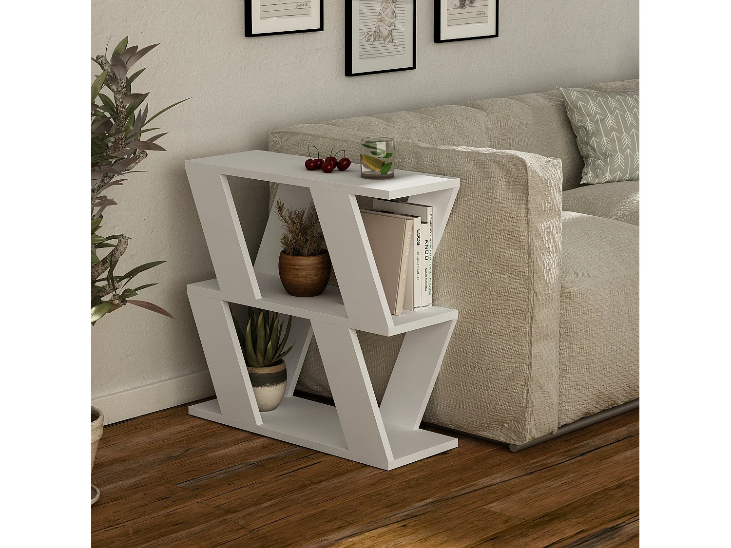 Nowoczesny Skandynawski Drewniany Stolik Nocny „Lazena” – Biały 60 x 22 x 57 cm – 2.0 Półki 4833337