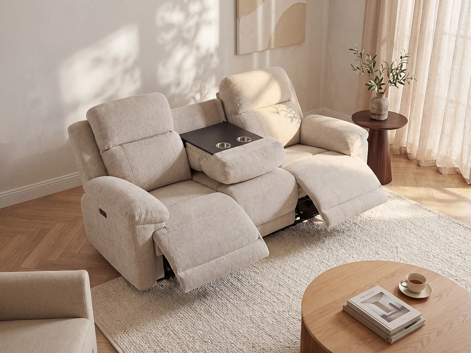 Kanapa 3-osobowa z elektryczną funkcją relax, stoliczkiem i beżową melanżową tapicerką - KELUNO 3712934 - obrazek 1