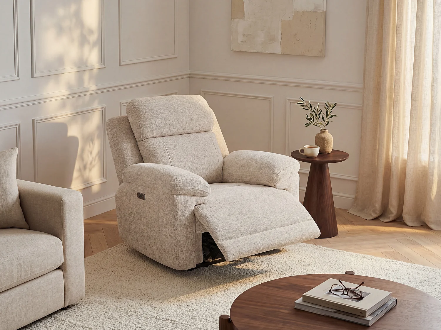 Fotel z elektryczną funkcją relax i beżową melanżową tapicerką - KELUNO 3712936 - obrazek 1