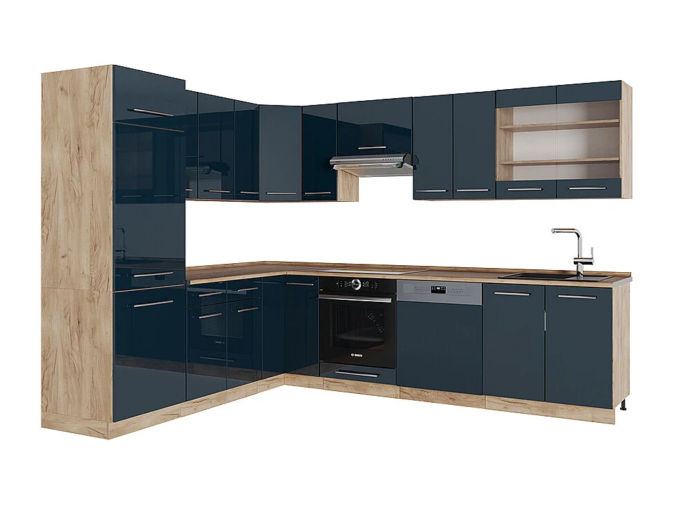 Kogoszczona kuchnia ciemnoniebieski wysoki połysk/dąb goldkraft 287x60x81.6 fame-line 4780289 - obrazek 1