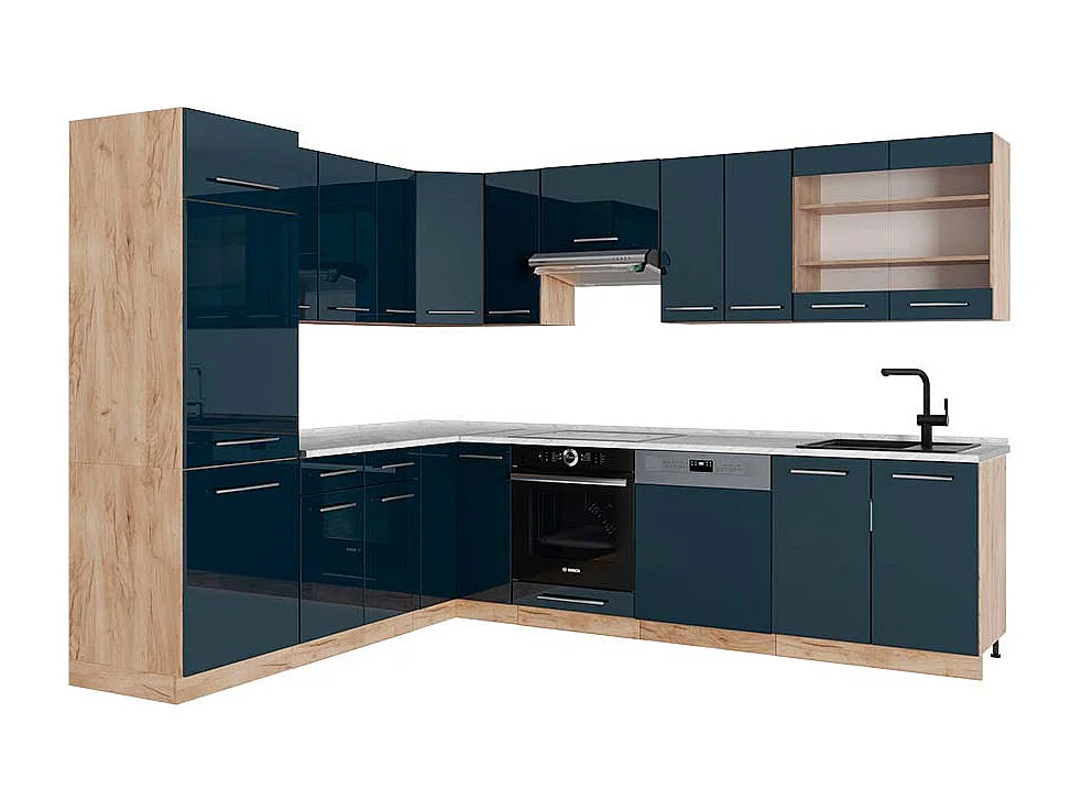 Kogoszczona kuchnia ciemnoniebieski wysoki połysk/dąb goldkraft 287x60x81.6 fame-line 4780902 - obrazek 1