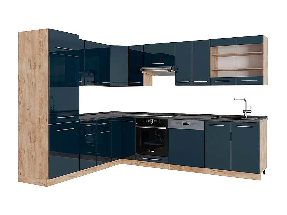 Kogoszczona kuchnia ciemnoniebieski wysoki połysk/dąb goldkraft 287x60x81.6 fame-line 4781687 - obrazek 1