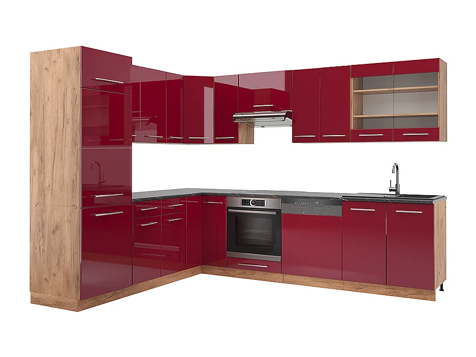 Kogoszczona kuchnia bordowy wysoki połysk/dąb goldkraft 287x60x81.6 fame-line 4779842 - obrazek 1