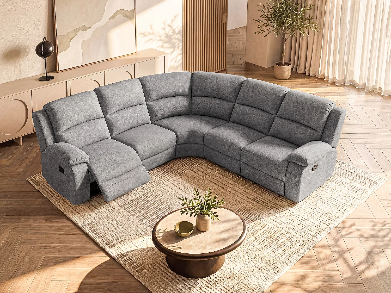 Kanapa narożna z funkcją relax, tapicerowana, jasnoszara – RIETI 845365 - obrazek 1