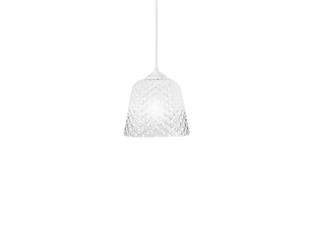 Biały klosz szklany do lamp wiszących – wykończenie przezroczyste, wzór dekoracyjny, oprawka E27 (małe szkło) d.25X21,5 4105001