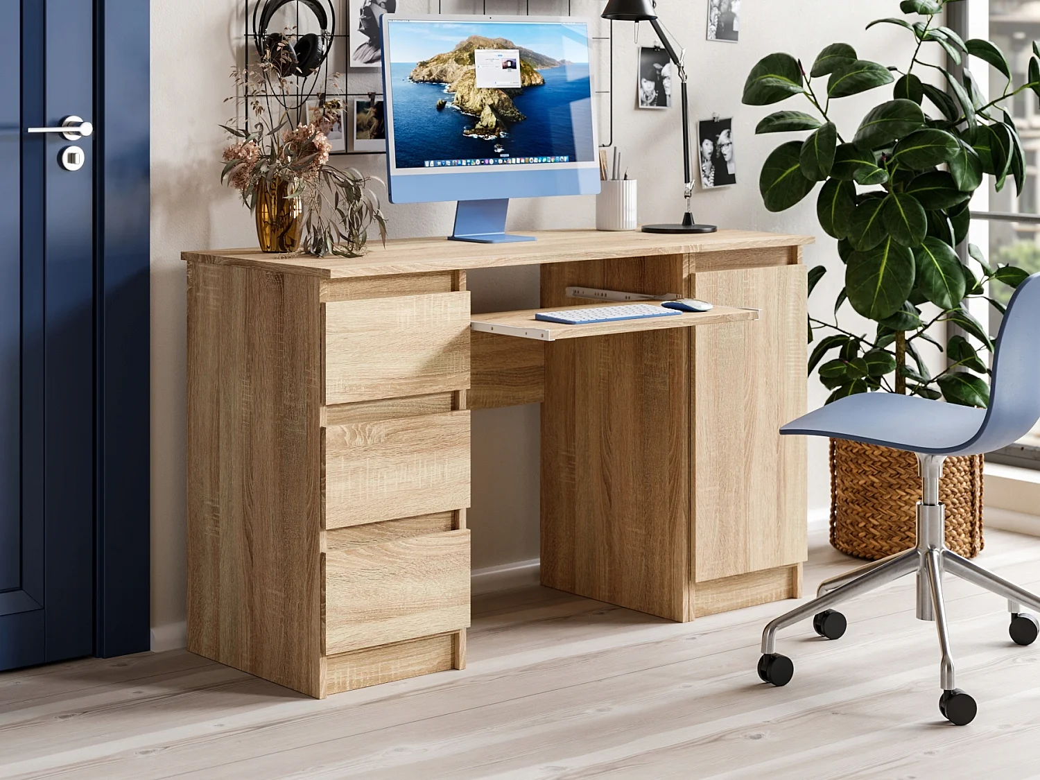 Biurko Komputerowe Szkolne Szuflady Drzwi 123 cm Dąb Sonoma Z Półkami 4978557 - obrazek 1