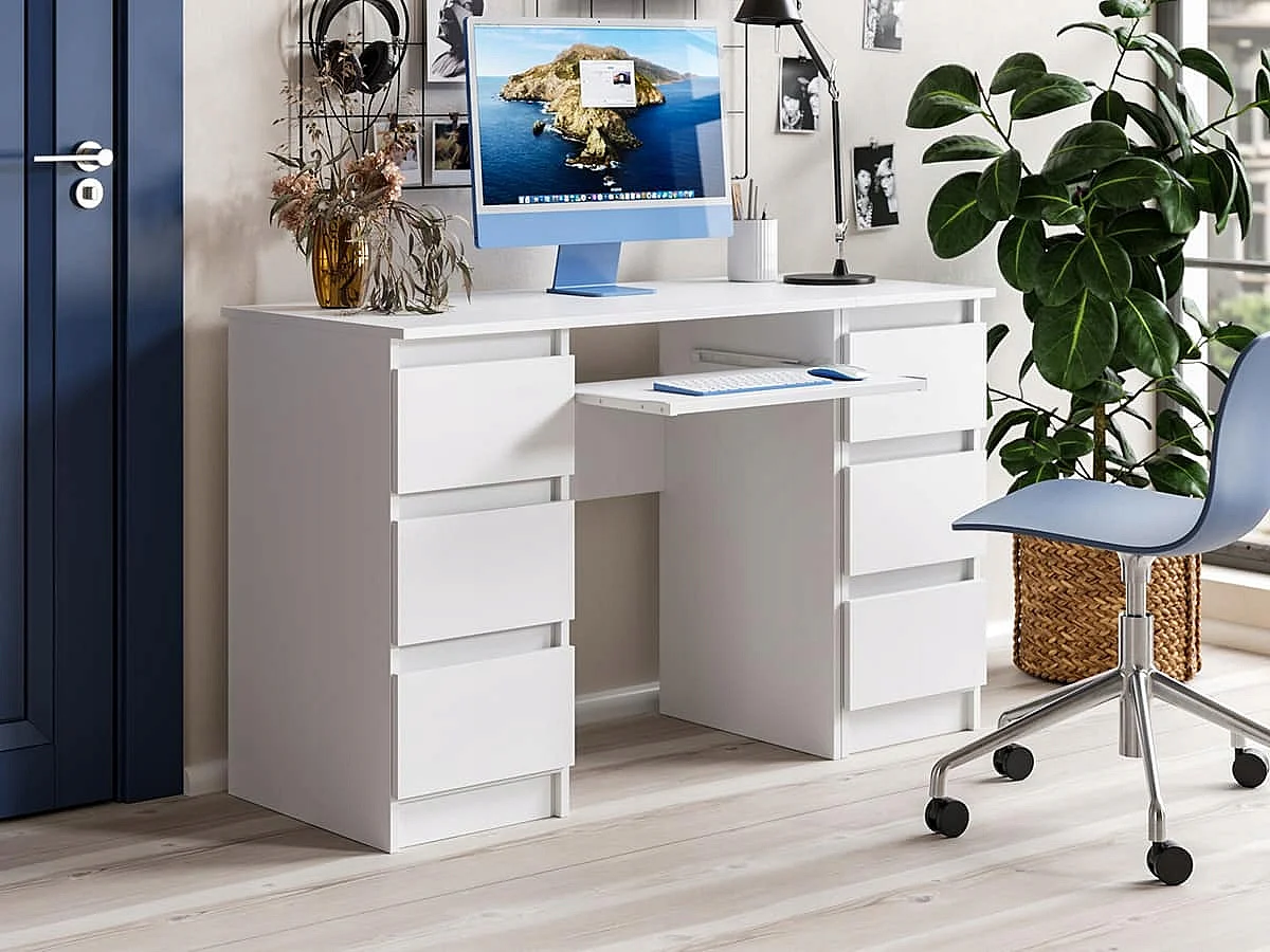 Biurko Komputerowe Szkolne Szuflady 123 cm Białe Mat Duże Do Biura Półka 4978570 - obrazek 1