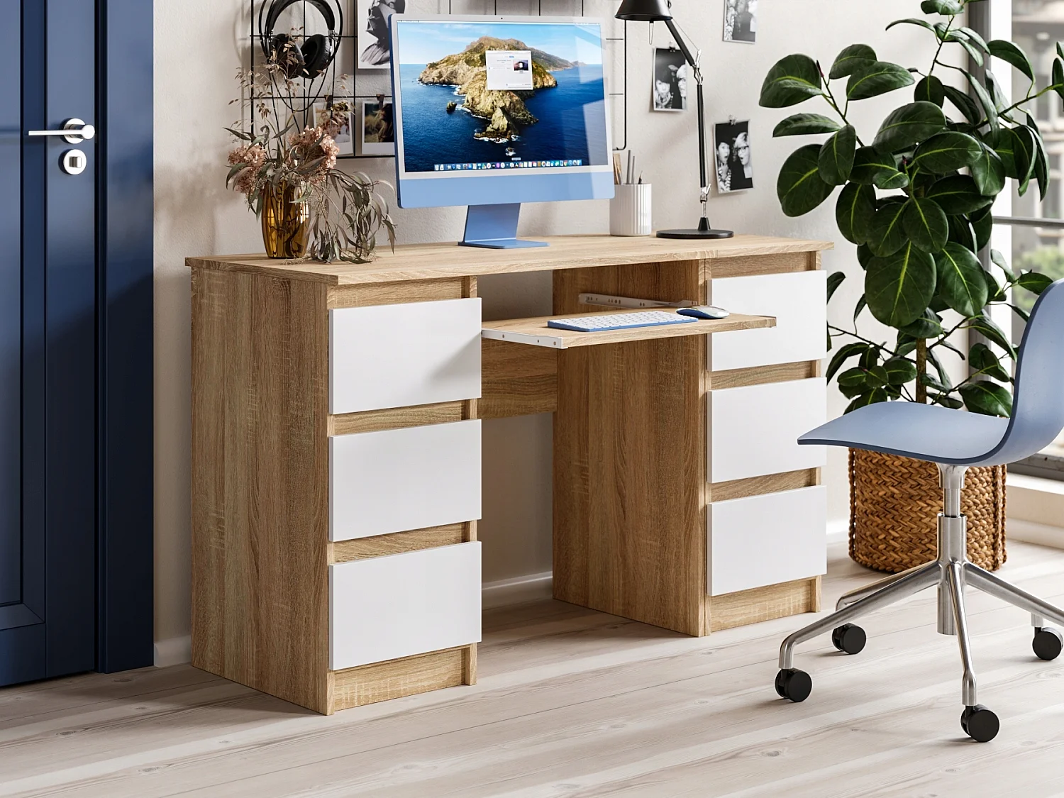 Biurko Komputerowe Szkolne Szuflady 123 cm Dąb Sonoma Biały Mat Duże Półka 4978591 - obrazek 1