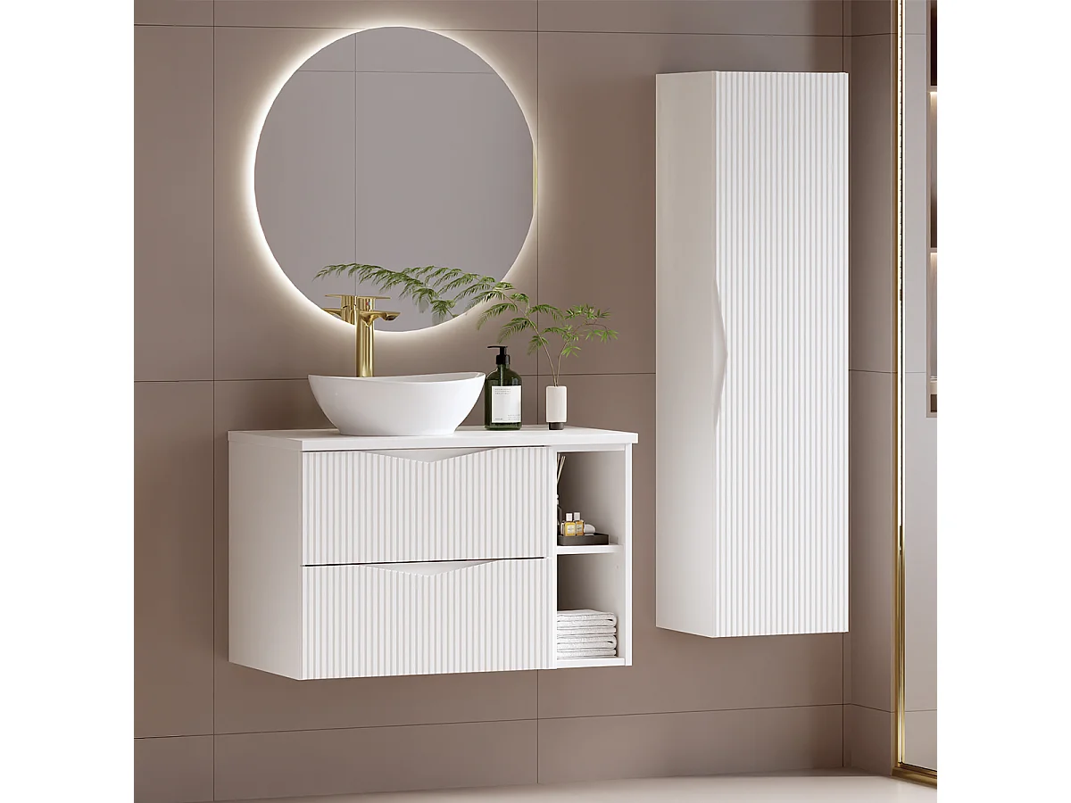 Biały Zestaw do Łazienki 80cm Szafka Regał Blat Ryflowane Fronty Cleo 4620351