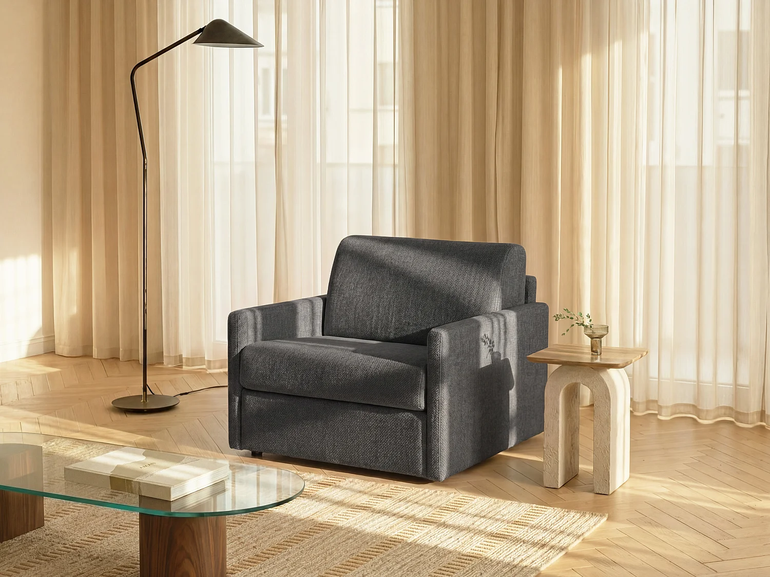 Fotel rozkładany typu express z szarą tapicerką – Materac 14 cm – CALIFE 1690761