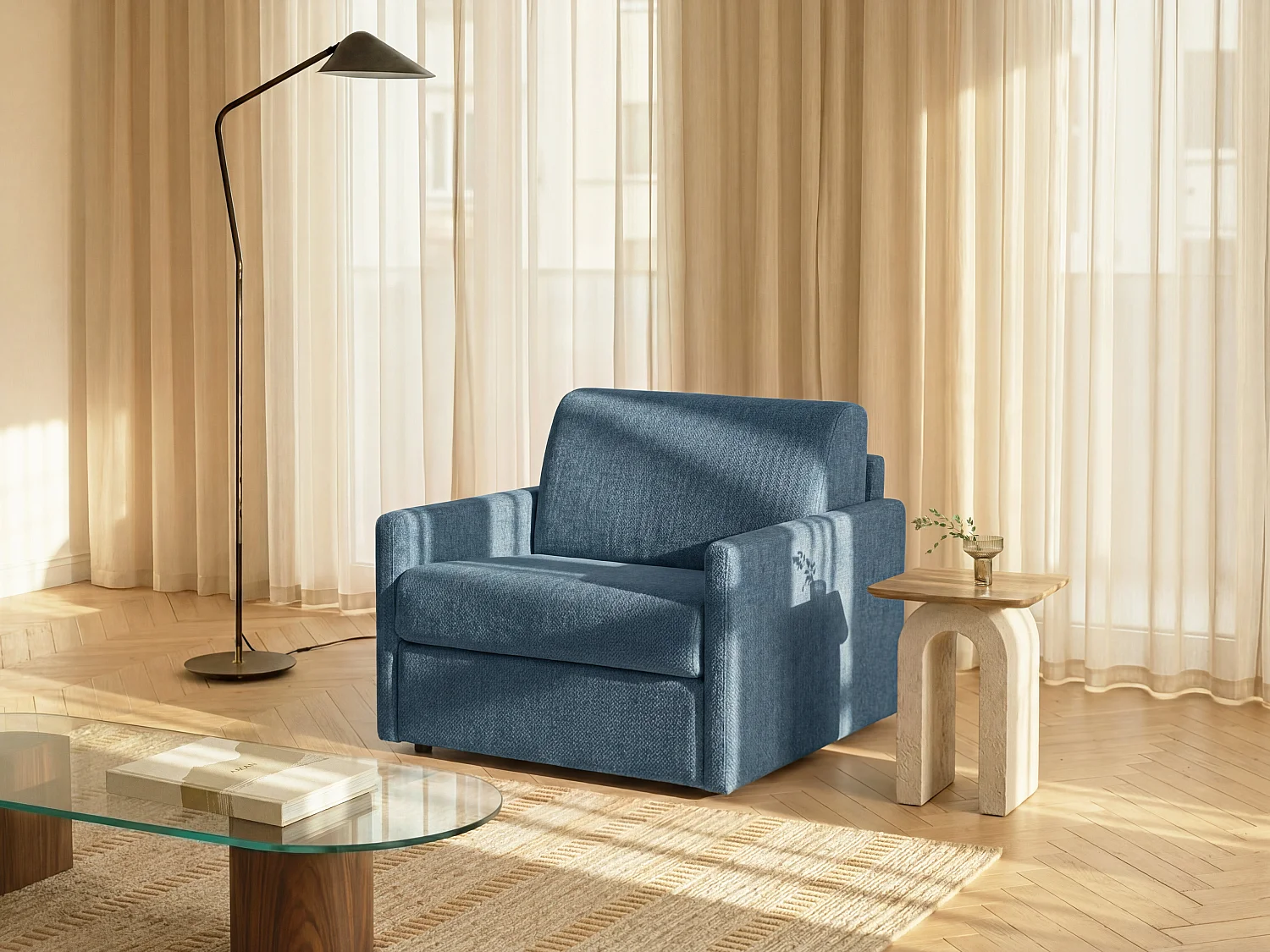 Fotel rozkładany typu express z niebieską tapicerką – Materac 14 cm – CALIFE 1693413
