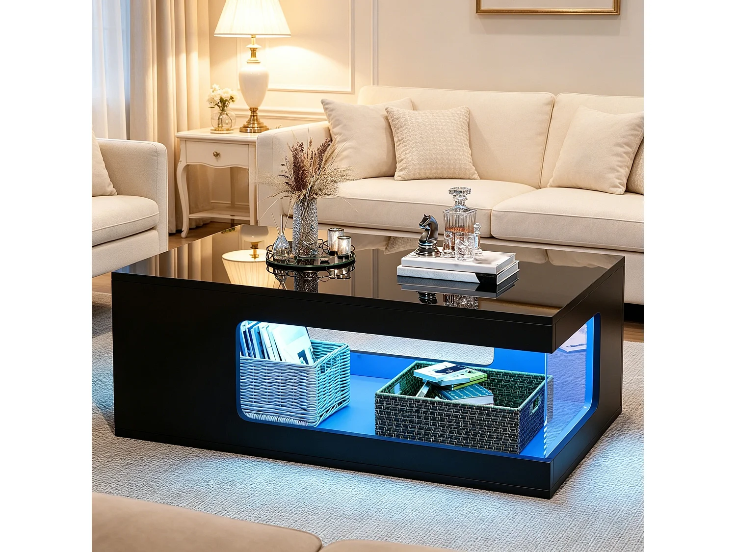 Błyszczący stolik kawowy do salonu – 100 x 50 x 35 cm – z półkami ze szkła hartowanego + diody LED – płyta wiórowa – czarny 4991204