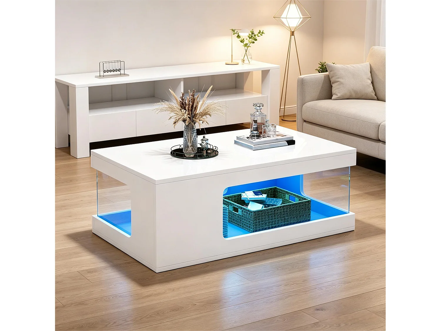 Błyszczący stolik kawowy do salonu – 100 x 50 x 35 cm – z półkami ze szkła hartowanego + diody LED – płyta wiórowa – biały 4991226