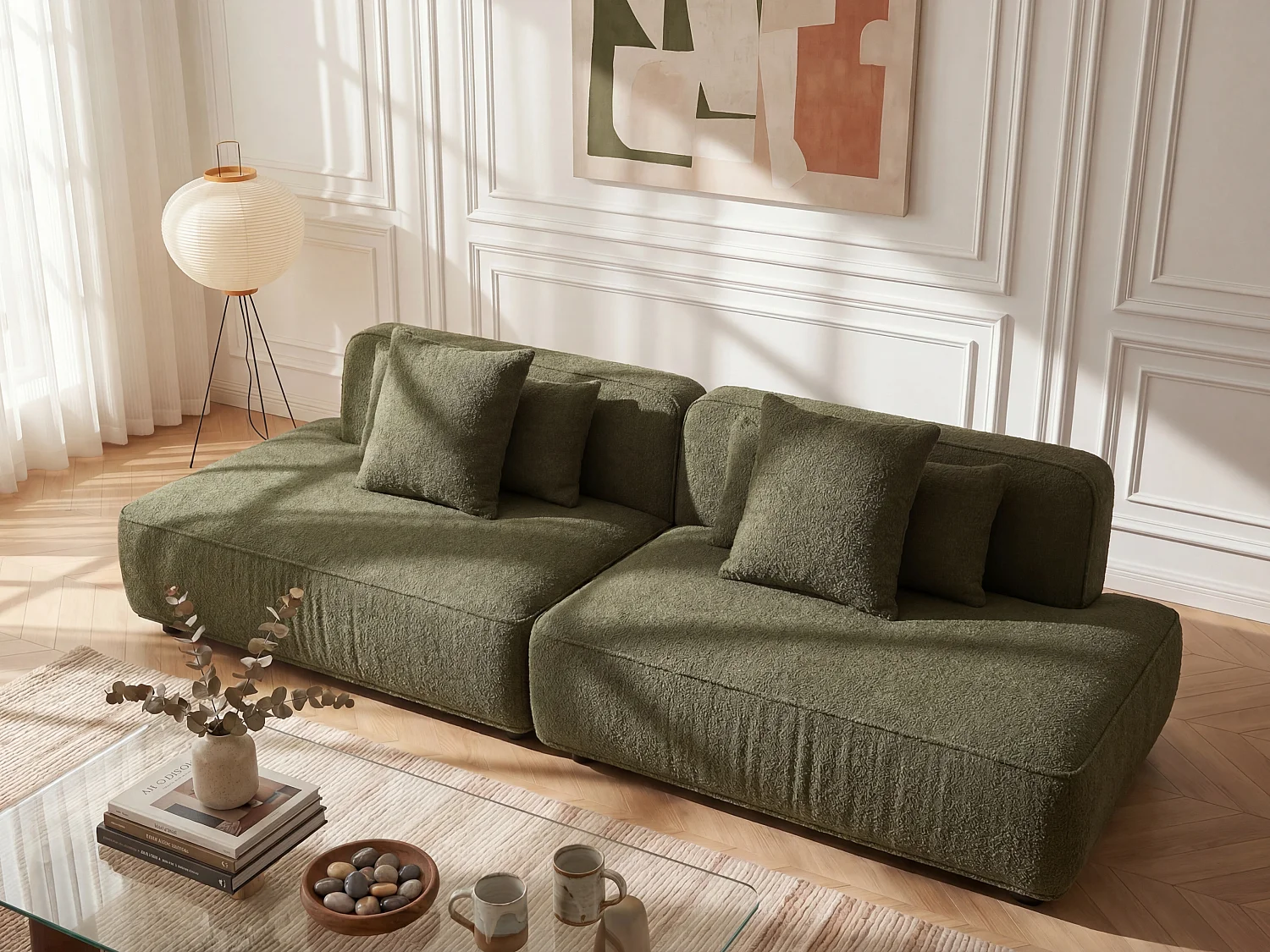 Kanapa 5-osobowa modułowaz tkaniny bouclé khaki zielony LELACO 4902535 - obrazek 1