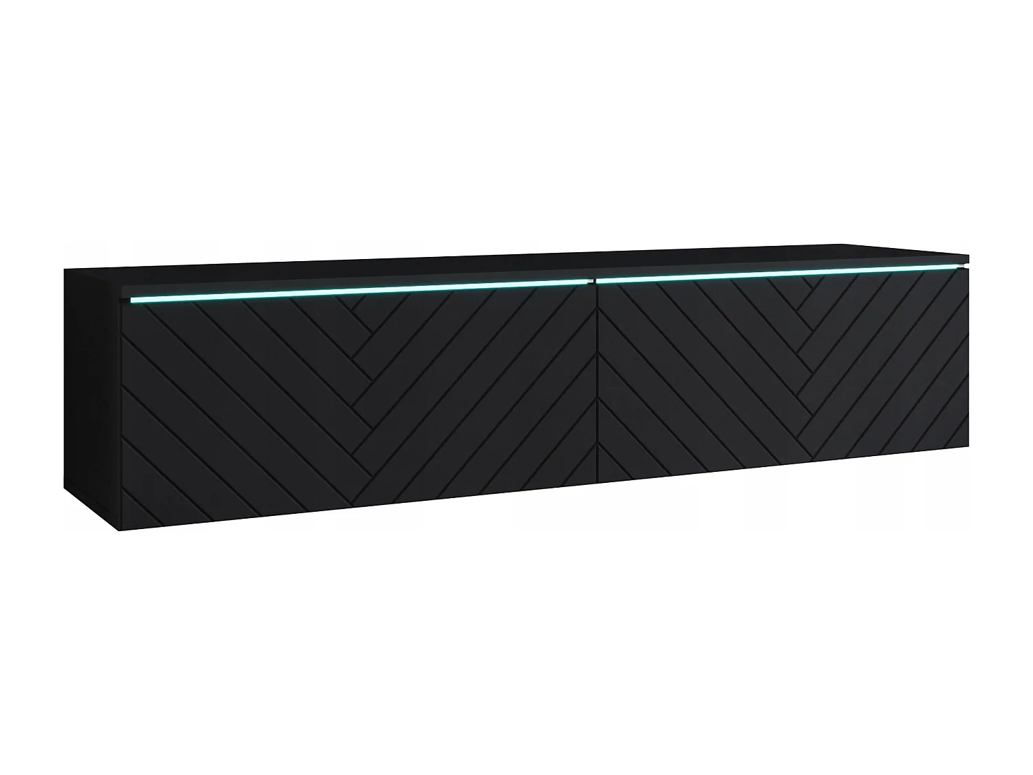 Nowoczesna szafka RTV 140 cm do salonu – 2-drzwiowa, bezuchwytowa, matowa, stojąca lub wisząca, fronty MDF jodełka czarny 4070157