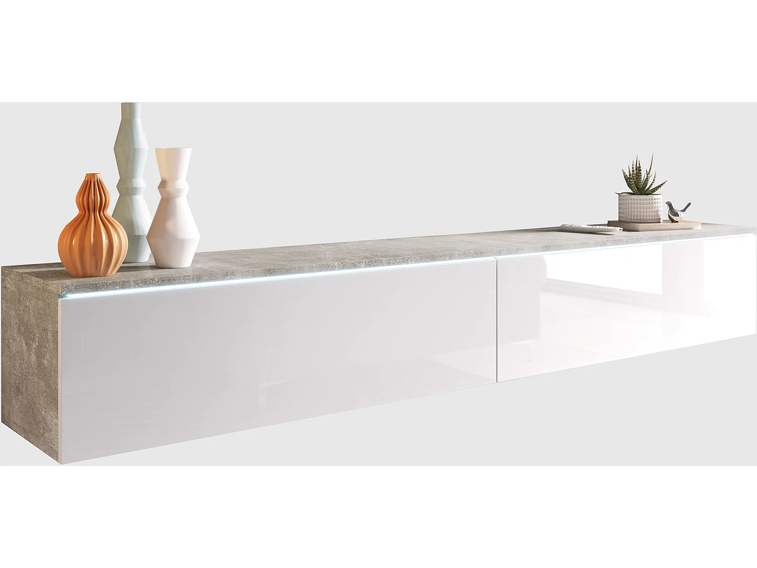 Nowoczesna szafka RTV 180 cm do salonu – 2-drzwiowa, bezuchwytowa, mat + połysk, stojąca lub wisząca, beton smart / biały połysk 4070130