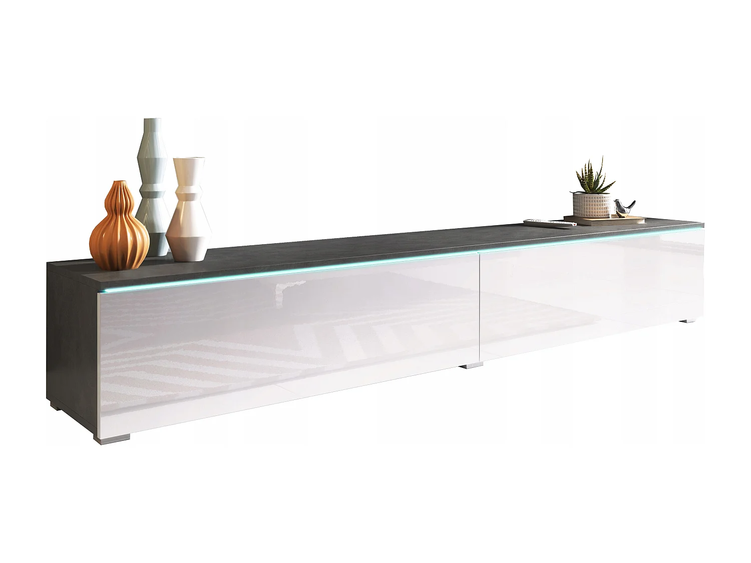 Nowoczesna szafka RTV 180 cm do salonu – 2-drzwiowa, bezuchwytowa, mat + połysk, stojąca lub wisząca, matera / biały połysk 4070176
