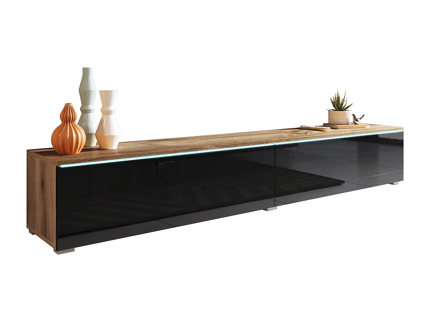 Nowoczesna szafka RTV 180 cm do salonu – 2-drzwiowa, bezuchwytowa, mat + połysk, stojąca lub wisząca, wotan / czarny połysk 4070148