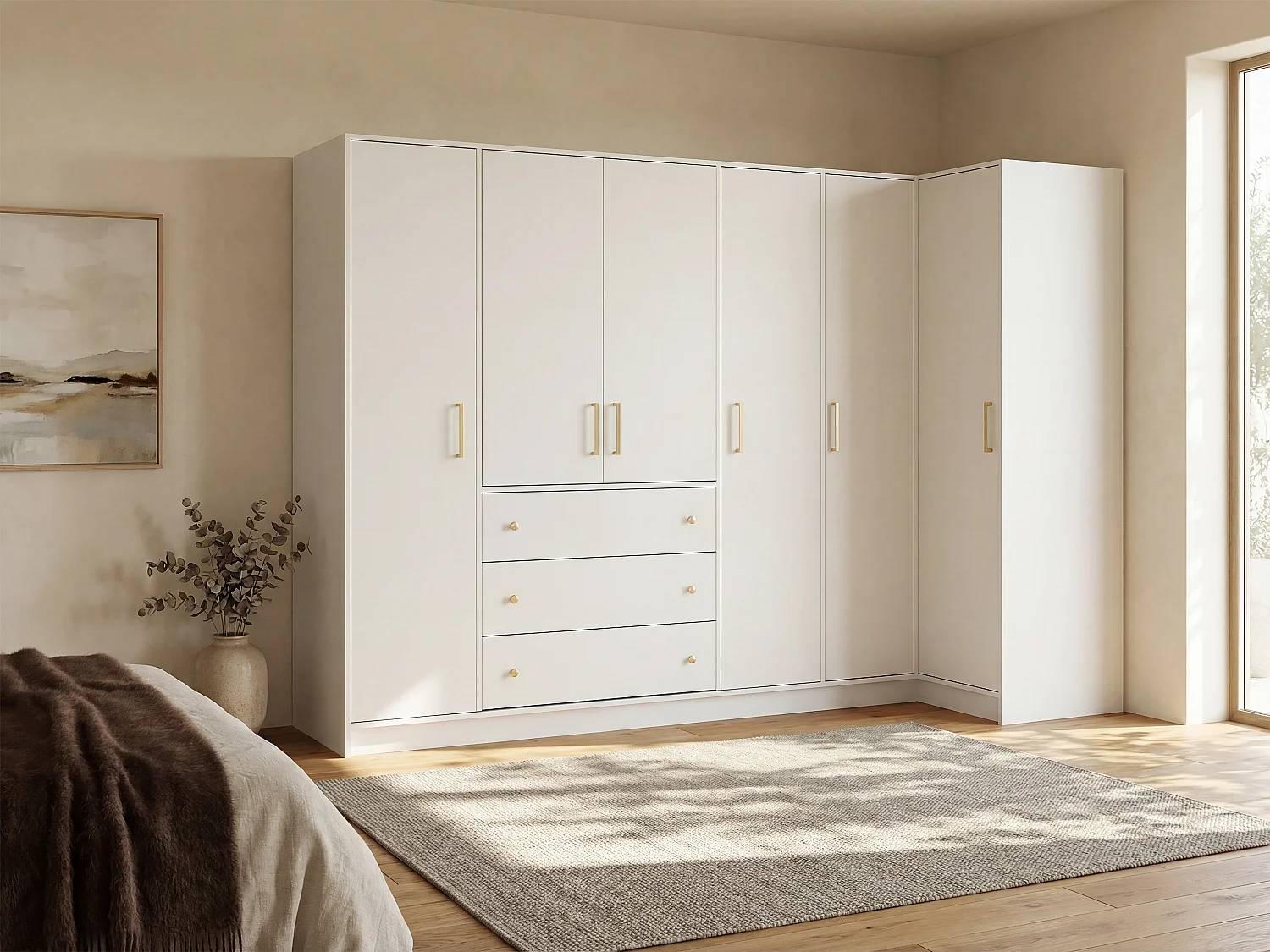 Szafa narożna 6-drzwiowa z 3 szufladami – szer. 311 cm – Biały – LIZANDRO 4044965