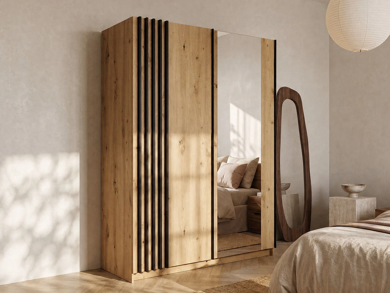 Szafa z 2 drzwiami przesuwnymi – z lustrem – Szer.150 cm – Kolor: Naturalny i czarny – CALELA 4740064
