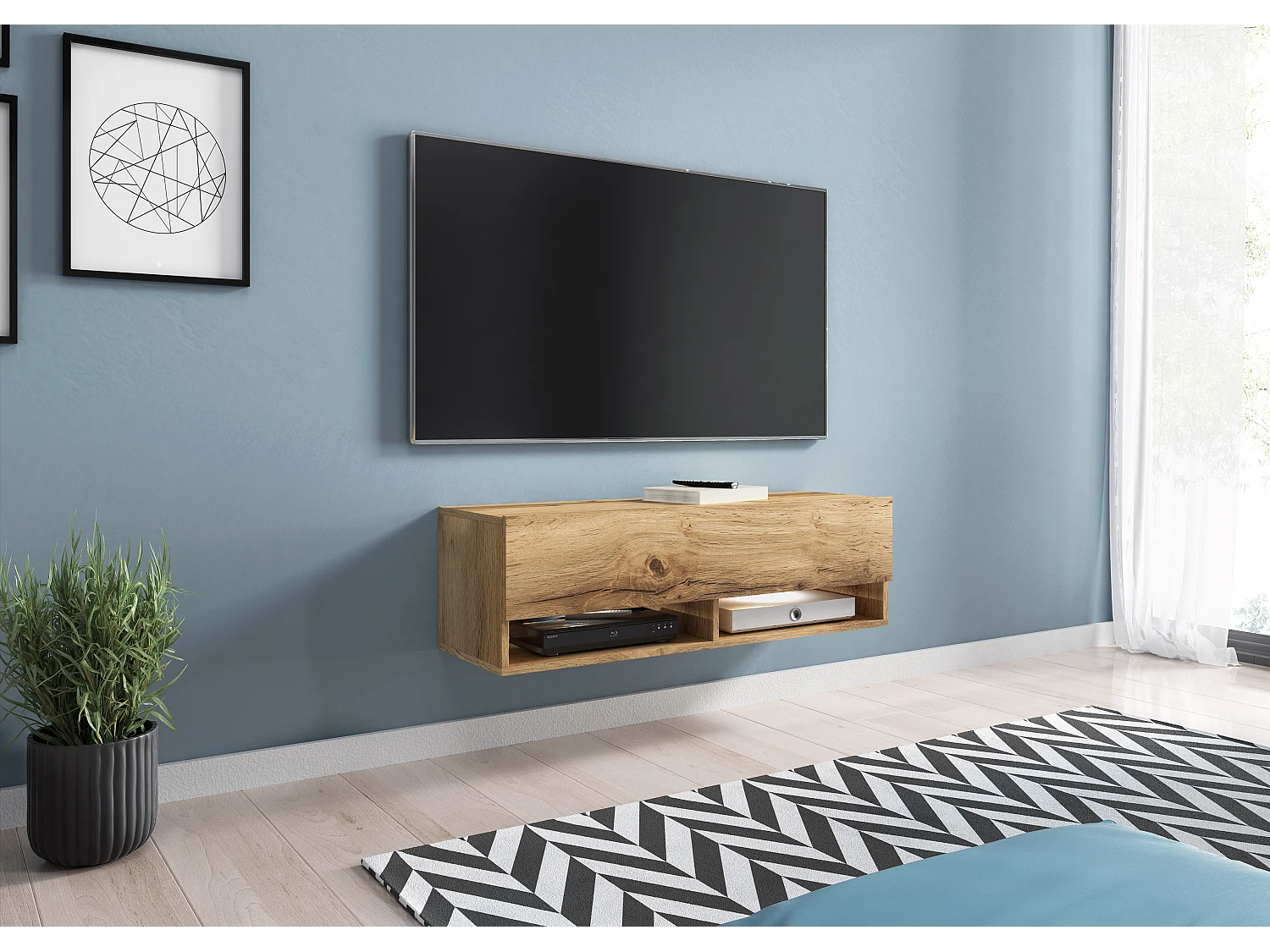 Nowoczesna szafka RTV 100 cm – bezuchwytowa stojąca lub wisząca, 1 klapa, 2 wnęki, kolor wotan mat 4070191