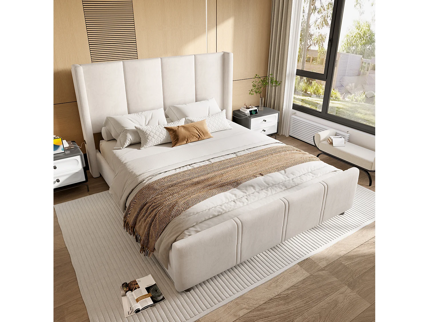 Łóżko 140x200 cm z wezgłowiem i stelażem listwowym, port USB - beżowy welur (bez materaca) 4699301 - obrazek 1