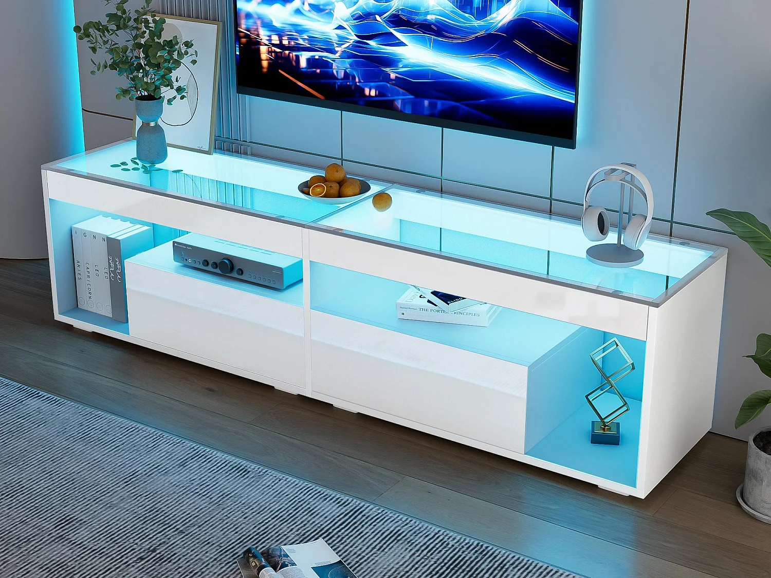 Błyszcząca szafka pod telewizor 180x50x46 cm – z 2 szufladami – z LED – do telewizorów do 70″ – czarny 4811693