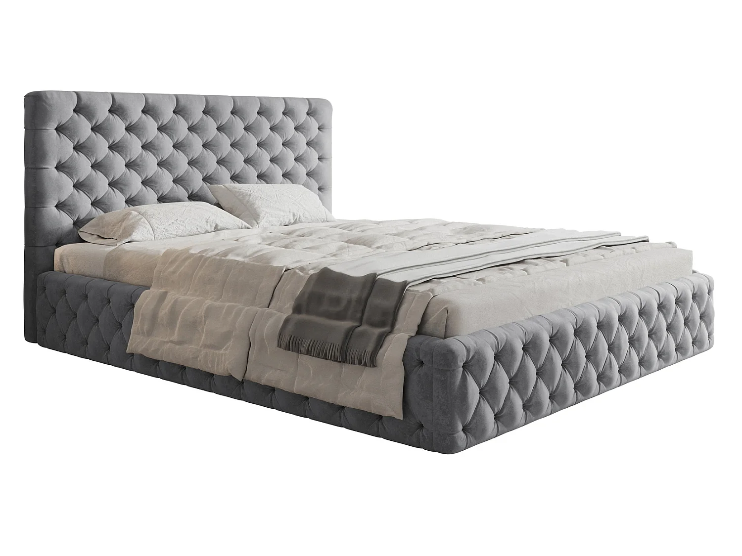 Łóżko 160x200 Furis z pojemnikiem - łóżko w stylu glamour w tkaninie welurowej - pojemnik i stelaż w zestawie - jasny szary (Jasmine 90) 5001595 - obrazek 1