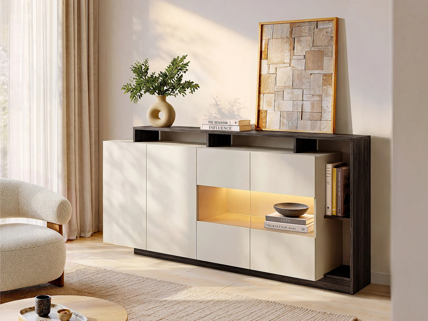 Komoda 4-drzwiowa z 4 wnękami i oświetleniem LED - Beżowa i Ciemna Naturalna - IDESIA 4281269 - obrazek 1