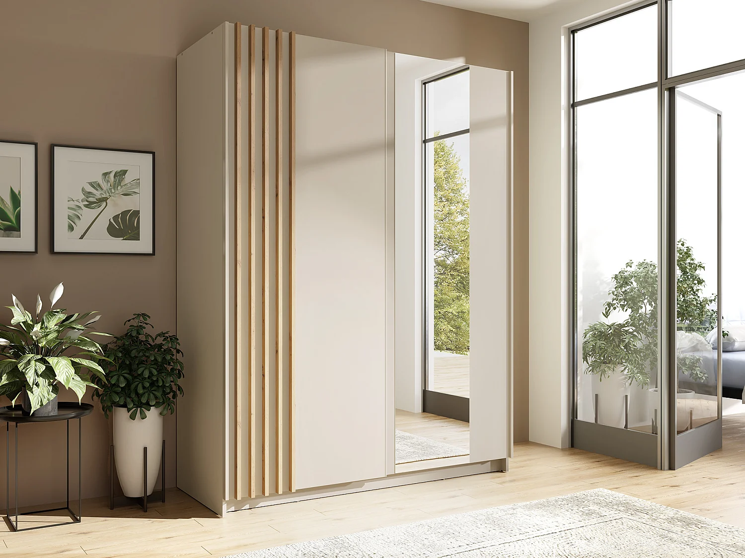 Szafa z 2 drzwiami przesuwnymi – z lustrem – Szer.150cm – Beżowy i naturalny – CALELA 4930798