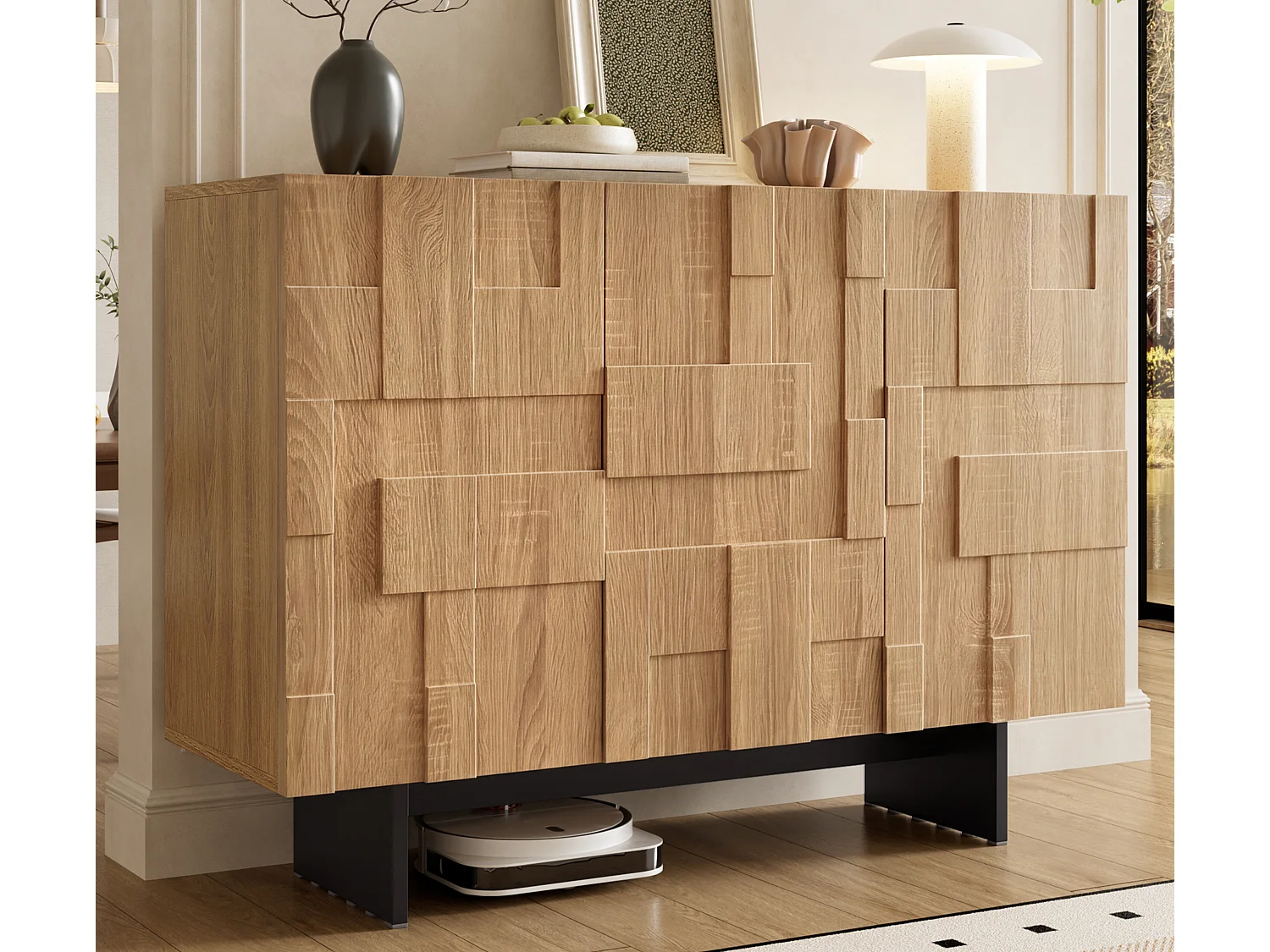 Bufet o unikalnym designie 105 × 33,5 × 76 cm – z 3 drzwiami i regulowanymi półkami – geometryczna konstrukcja – naturalny + czarny 5006030