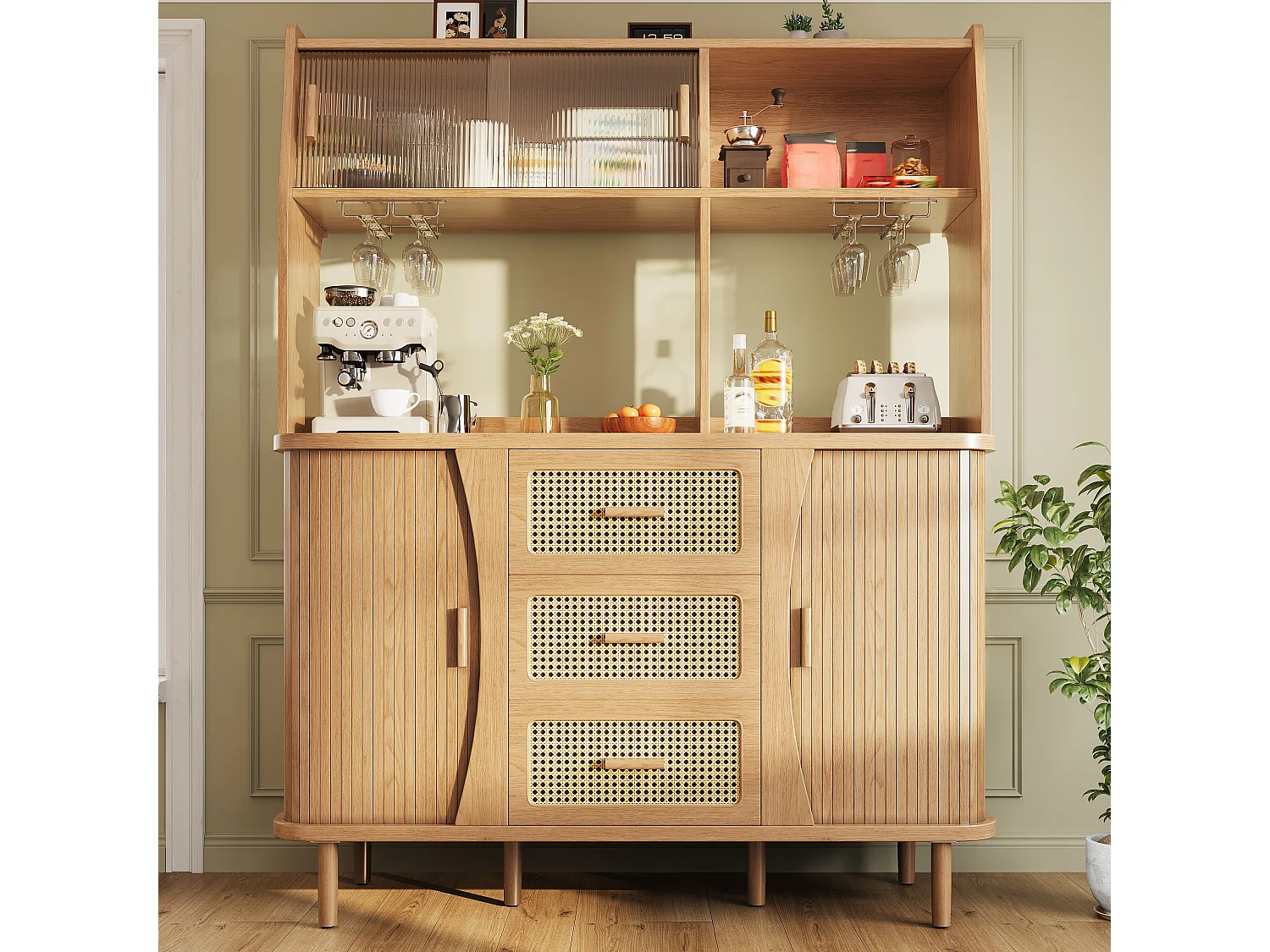 Bufet kuchenny 140×40,5×174,5 cm, szafka do przechowywania z przesuwnymi szklanymi drzwiami i rattanowymi szufladami – Naturalny 5006226