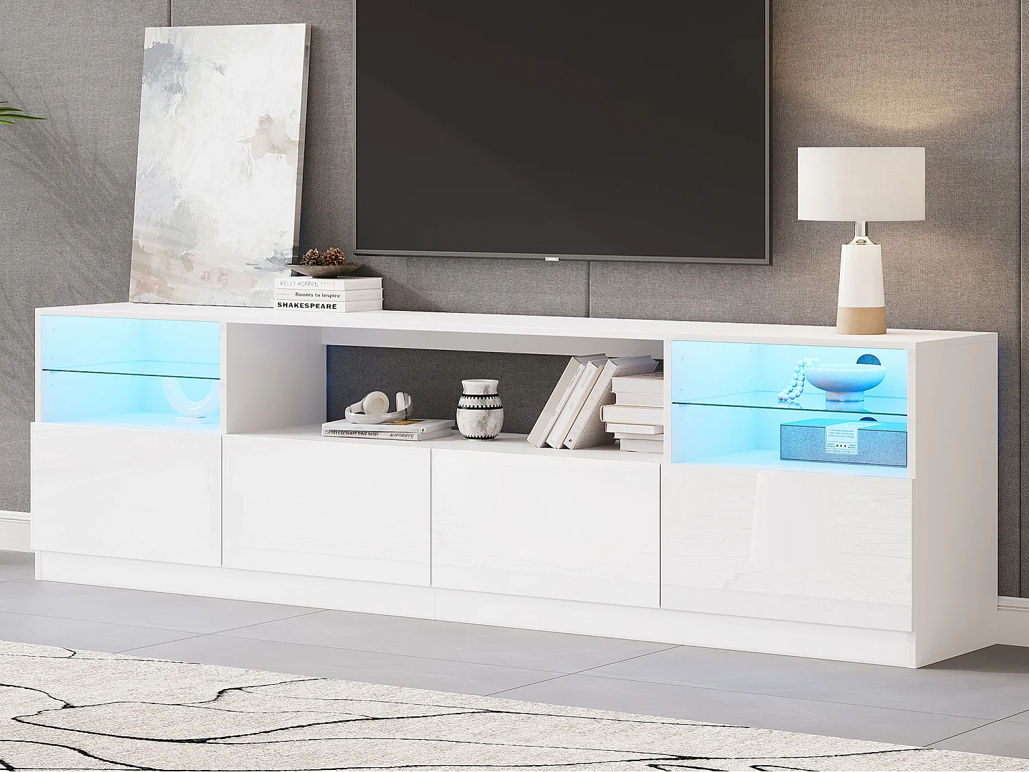 Błyszcząca szafka RTV 180x35x60 cm – z oświetleniem LED – 4 drzwi i 8 przegródek do przechowywania – Biały 5006550
