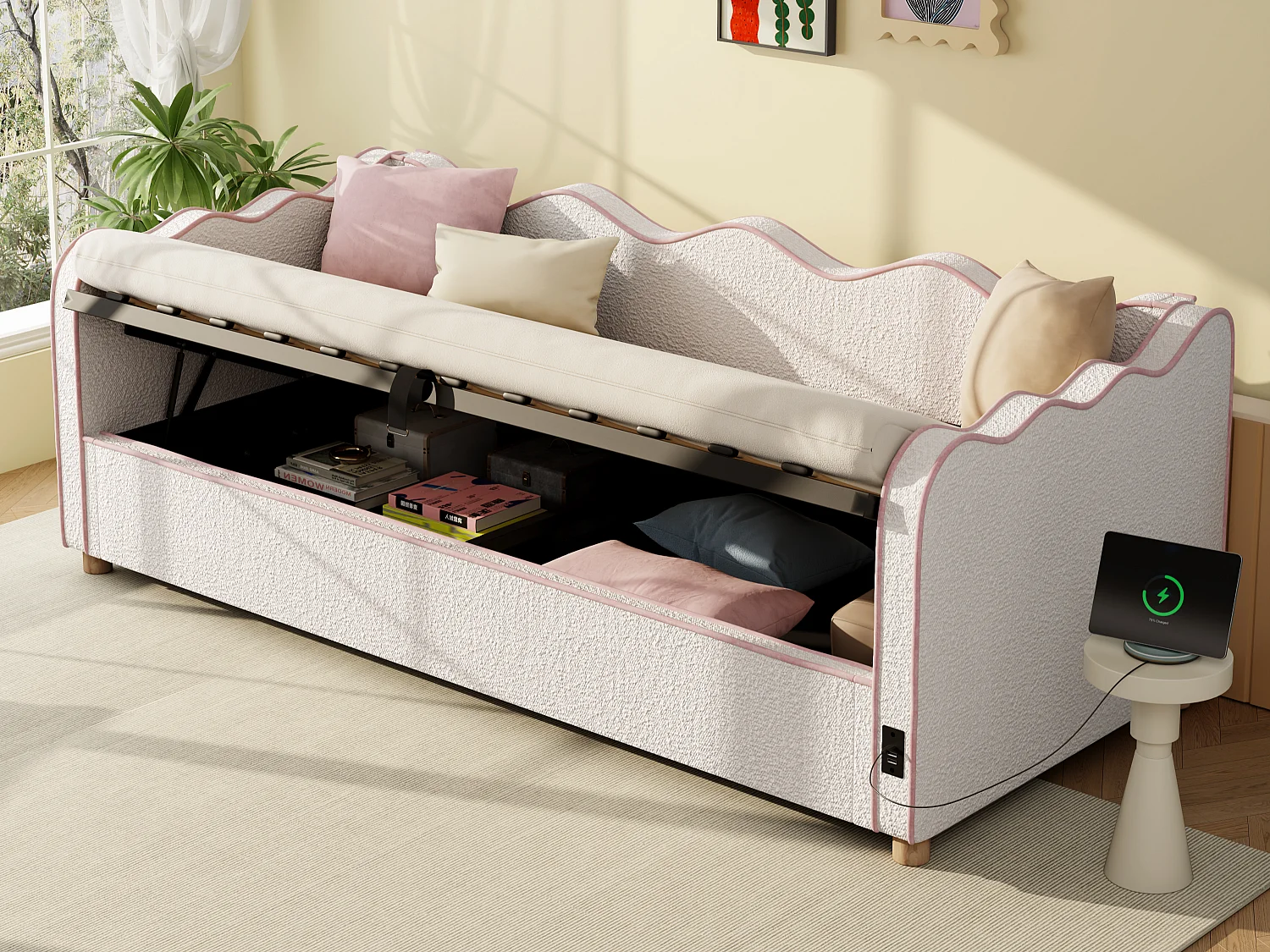 Kanapa rozkładana z pojemnikiem 90x200 cm - z portem USB i oparciem - Tkanina welurowa boucle - Beżowy (Materac nie wchodzi w skład zestawu) 5006586 - obrazek 1