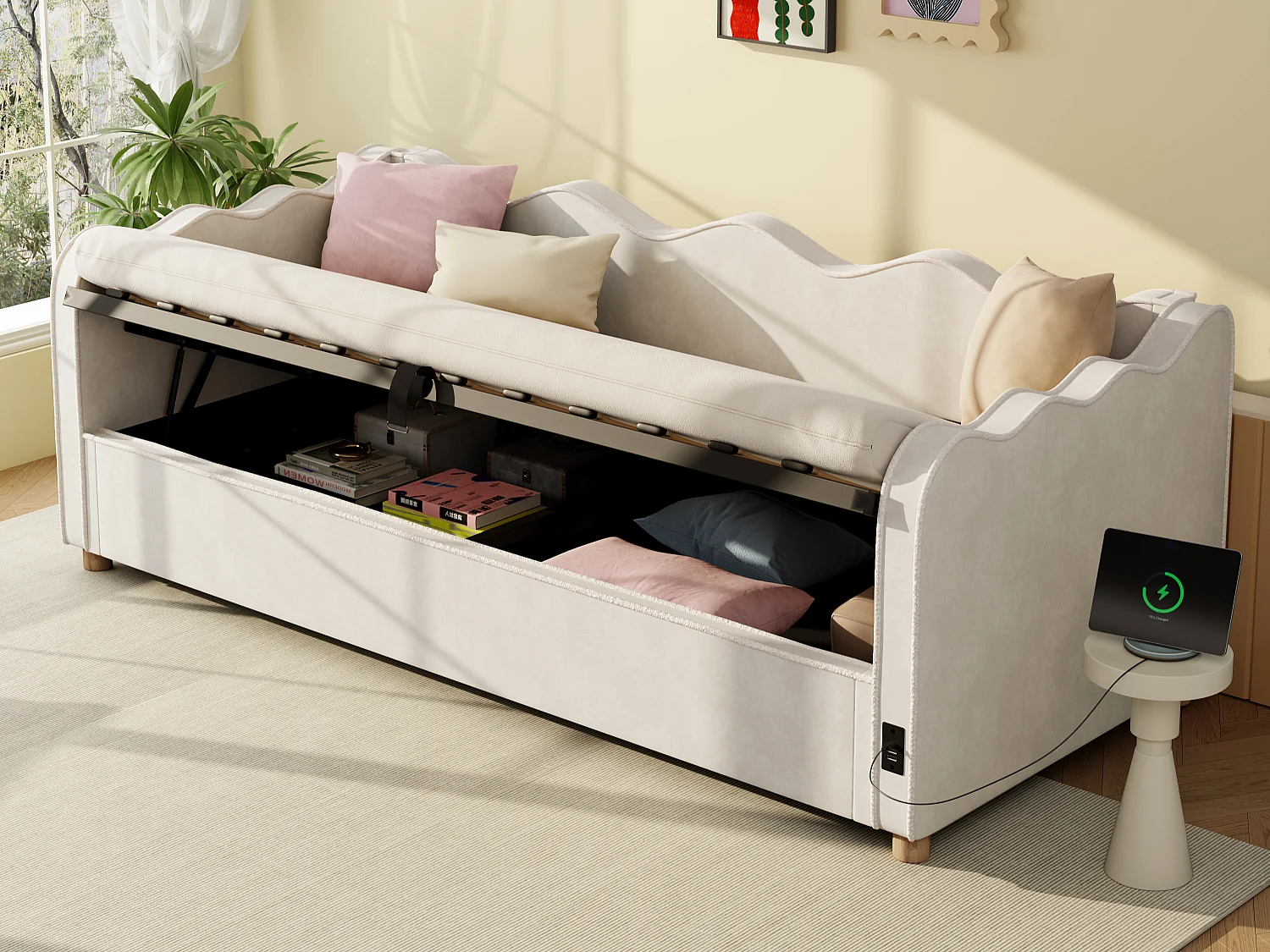 Kanapa rozkładana z pojemnikiem 90x200 cm - z portem USB i oparciem - Tkanina welurowa - Beżowy (Materac nie wchodzi w skład zestawu) 5006598 - obrazek 1