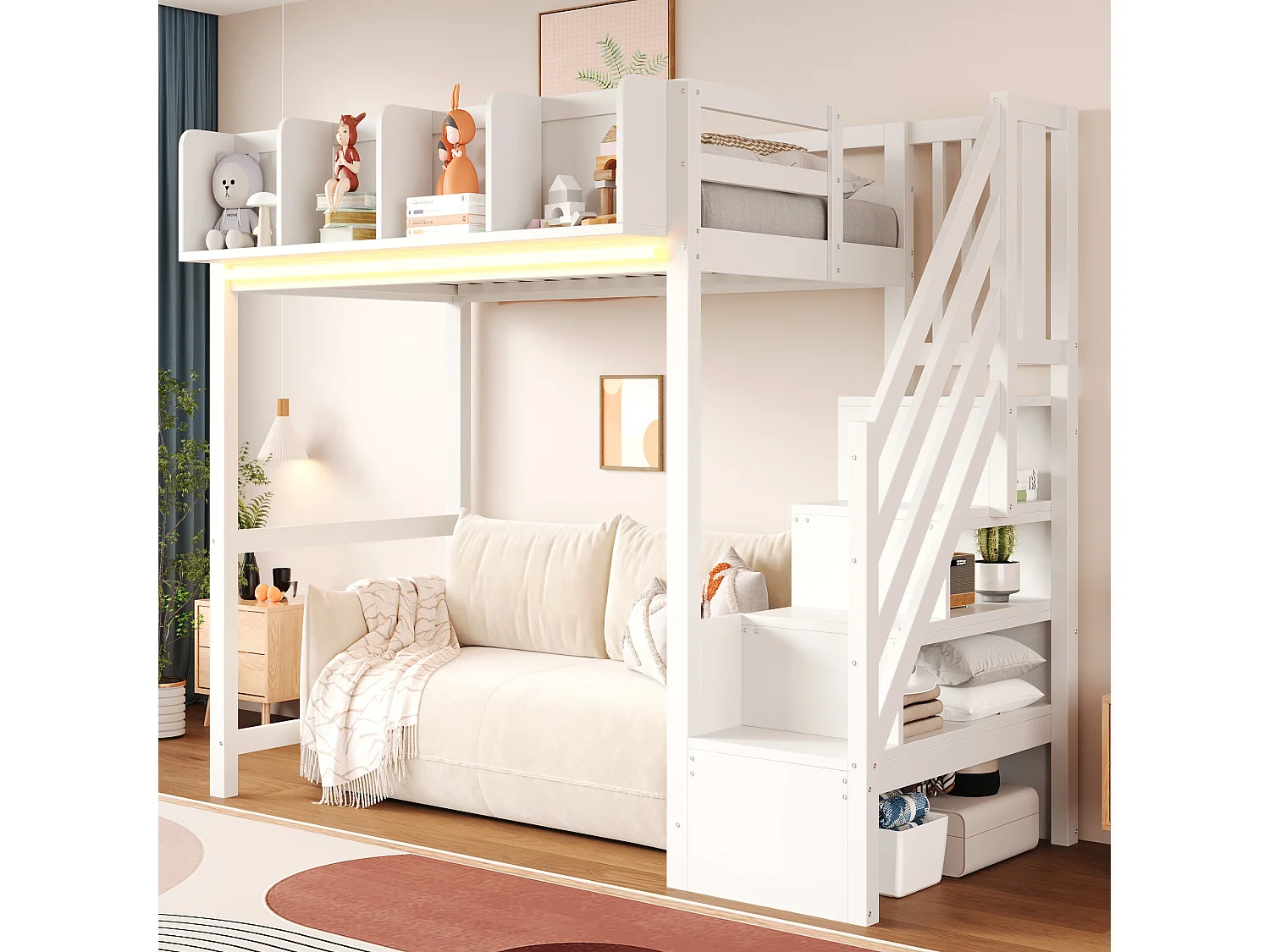Łóżko antresola 90 x 200 cm - z barierkami ochronnymi - z półkami - z oświetleniem LED - z drabinką - białe (materac nie jest dołączony) 5006829 - obrazek 1