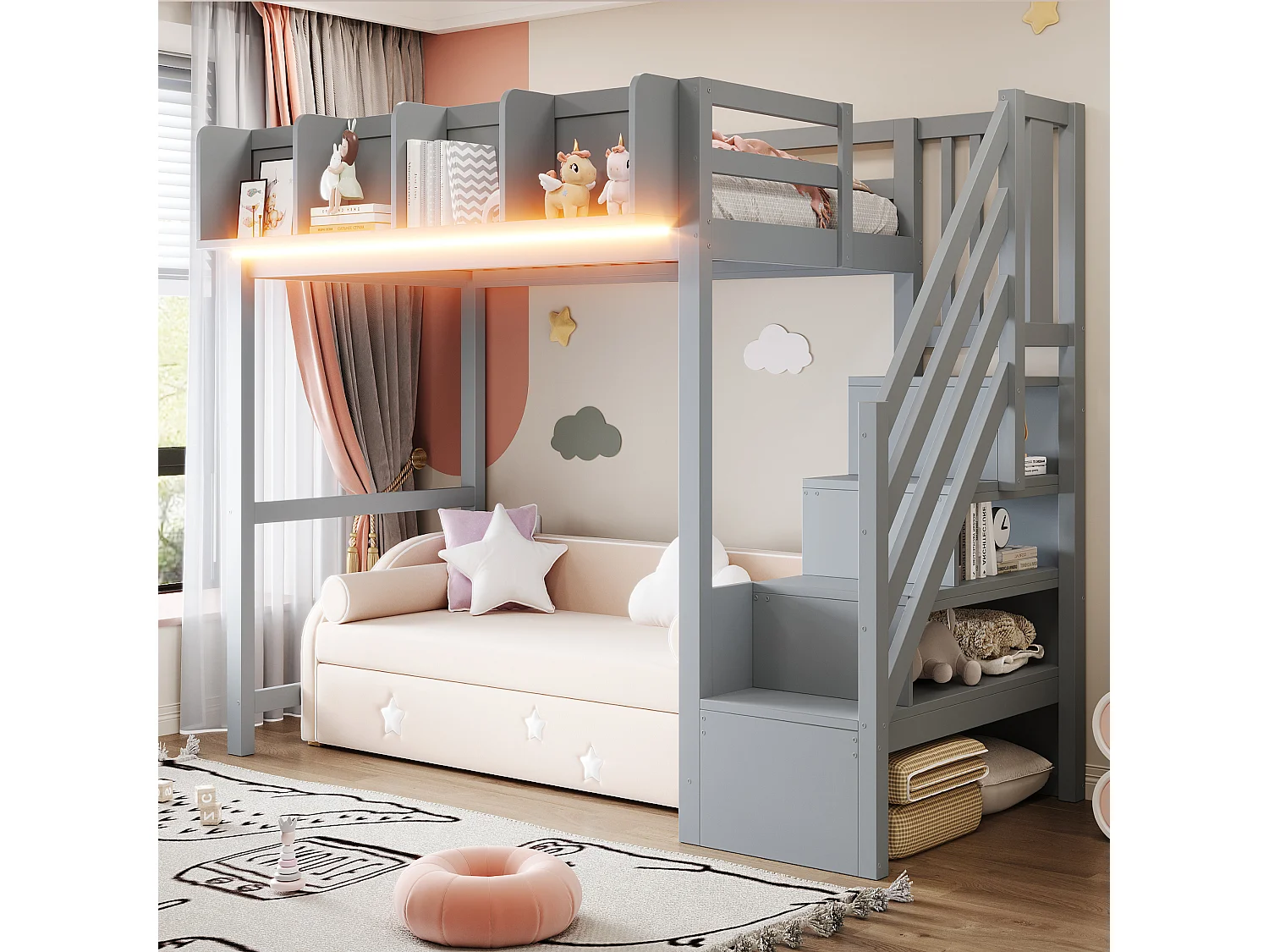 Łóżko antresola 90 x 200 cm - z barierkami ochronnymi - z półkami - z oświetleniem LED - z drabinką - szare (materac nie jest dołączony) 5006832 - obrazek 1