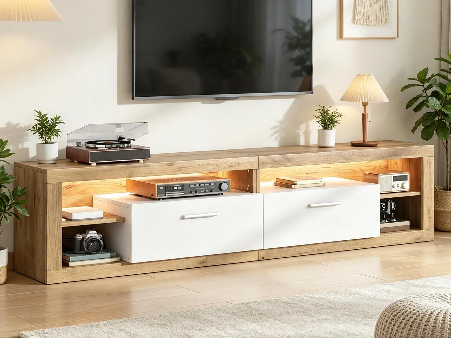 Błyszcząca szafka RTV 180x35x60 cm – z oświetleniem LED – 4 drzwi i 8 przegródek do przechowywania – Biały 5006554